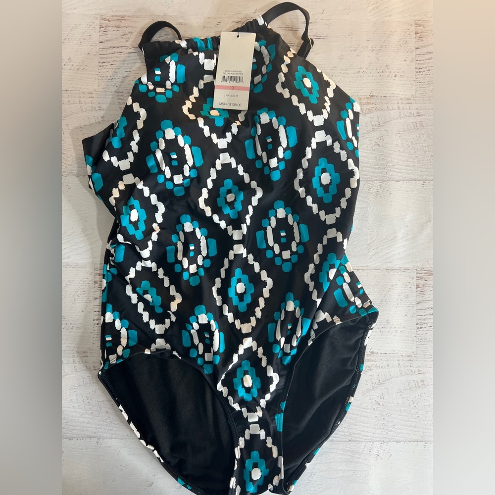 Elegant Black and Blue Patterned One-Piece Swimsuit- nwt